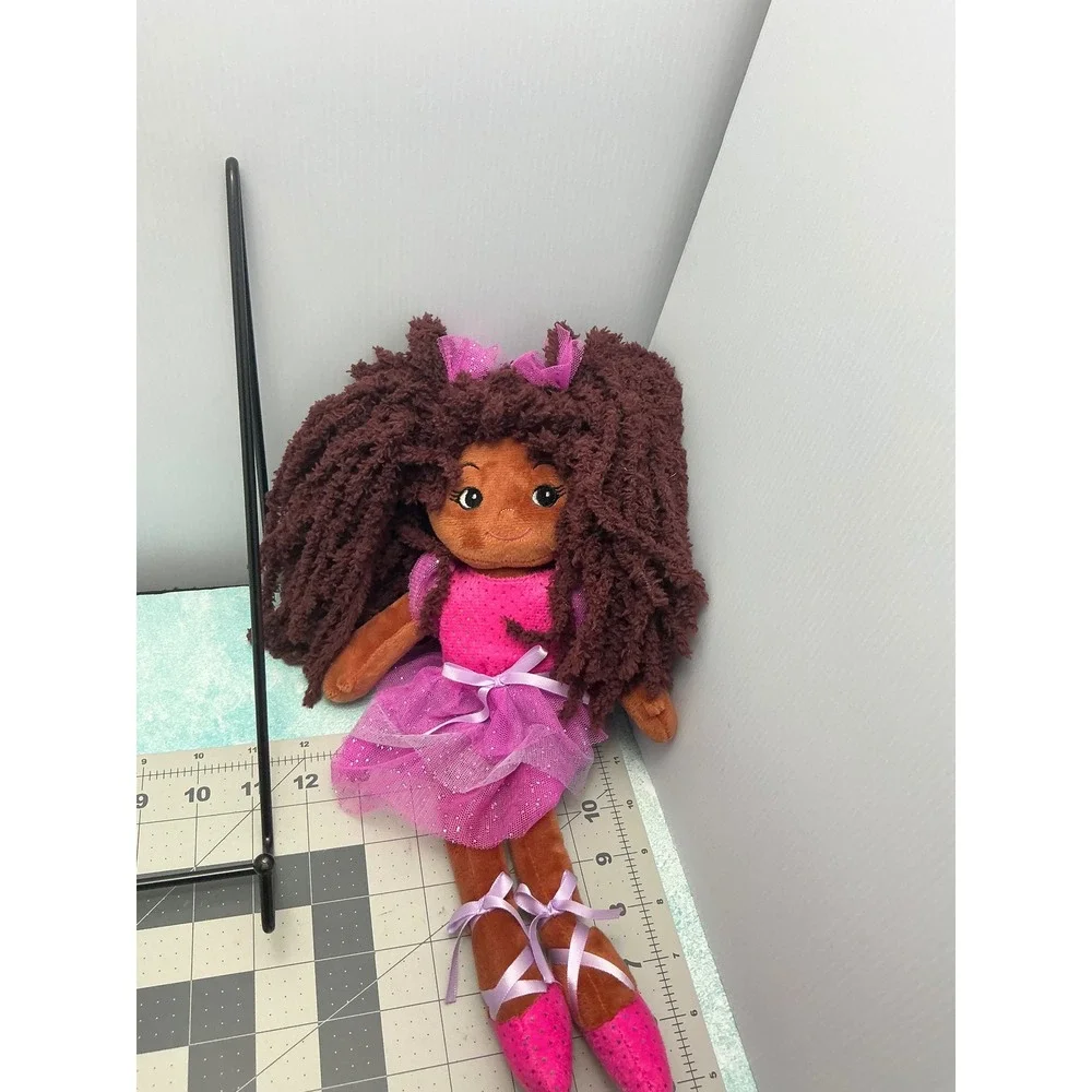 Plush Ballerina Doll Pink Purple Tutu Brown Yarn Hair Sequin Sparkle 17 Inch